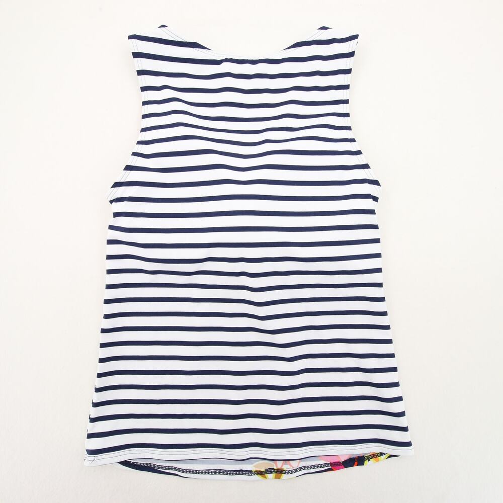Lands End Tankini Top White Navy Striped Floral Print Round Neck Sleeveless 6 - Picture 9 of 9